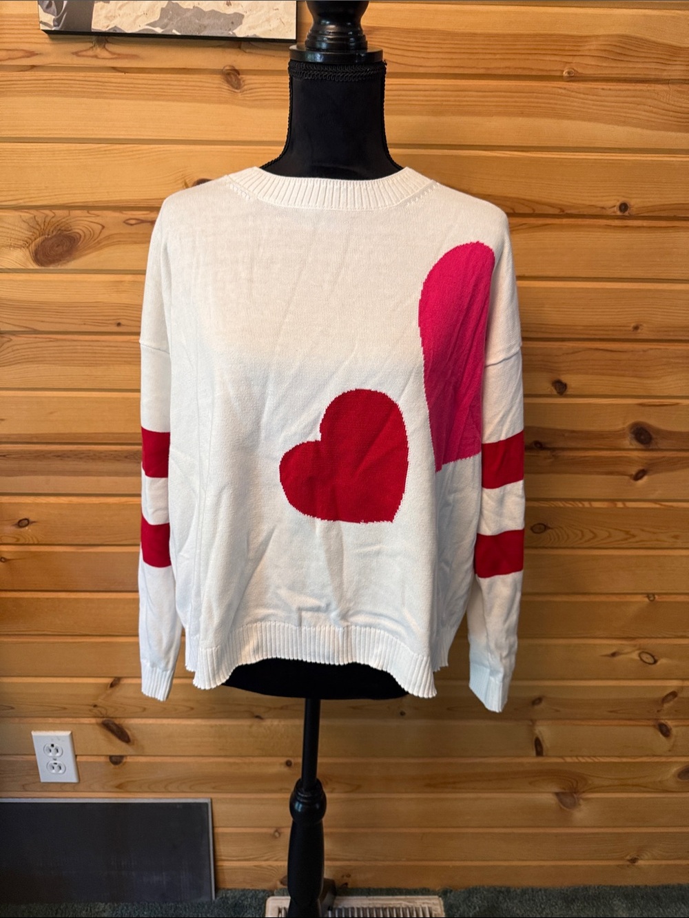 Women's White Heart-Print Sweater with Red Accents